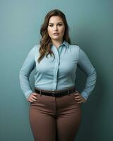 a woman in a blue shirt and brown pants standing with her hands on her hips generative ai photo