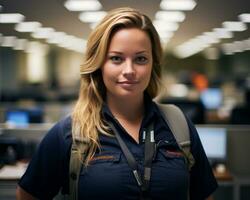 a woman in a blue shirt and black vest standing in an office generative ai photo