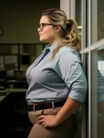 un mujer en un azul camisa y lentes en pie en frente de un ventana generativo ai foto