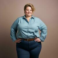 un mujer en un azul camisa y pantalones posando para el cámara generativo ai foto