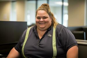 a woman in a blue shirt and green suspenders sitting at a desk generative ai photo