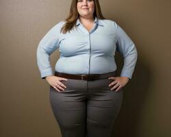 un mujer en un azul camisa y gris pantalones generativo ai foto