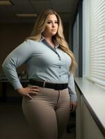 un mujer en un azul camisa y bronceado pantalones en pie en frente de un ventana generativo ai foto