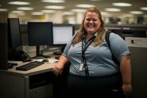 a woman in a blue shirt is smiling in front of a computer generative ai photo