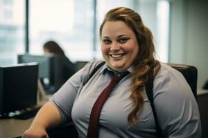 a woman in a business shirt and tie sitting at an office desk generative ai photo