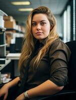 a woman in a business shirt sitting at a desk generative ai photo