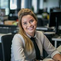 a woman in a business shirt sitting at a desk generative ai photo