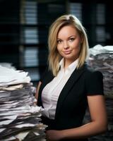 a woman in a business suit is standing in front of a pile of papers generative ai photo