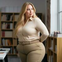 a woman in a business suit posing in front of a bookshelf generative ai photo