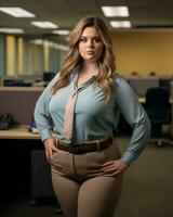 a woman in a business suit posing in an office generative ai photo
