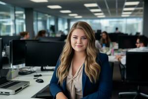a woman in a business suit sitting at a desk in an office generative ai photo