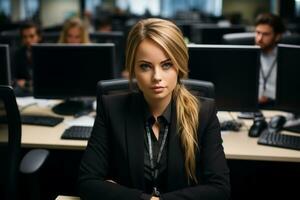 a woman in a business suit sitting at a desk in an office generative ai photo