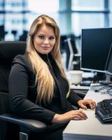 a woman in a business suit sitting at a desk in front of a computer generative ai photo