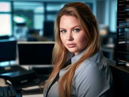 a woman in a business suit sitting at a desk in front of a computer generative ai photo