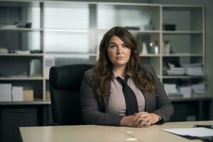 a woman in a business suit sitting at a desk generative ai photo