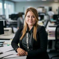 a woman in a business suit sitting at a desk generative ai photo