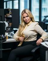 a woman in a business suit sitting at a desk generative ai photo