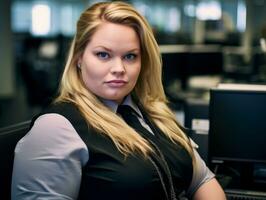 a woman in a business suit sitting at a desk generative ai photo