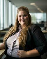 a woman in a business suit sitting at a desk generative ai photo