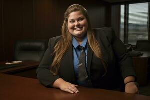 a woman in a business suit sitting at a desk generative ai photo