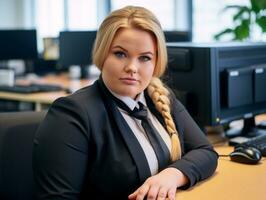 a woman in a business suit sitting at a desk generative ai photo