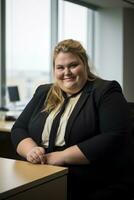 a woman in a business suit sitting at a desk generative ai photo