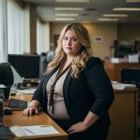 a woman in a business suit sitting at a desk generative ai photo