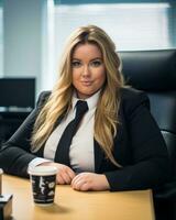 a woman in a business suit sitting at a desk generative ai photo