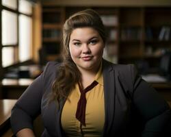 a woman in a business suit sitting at a desk generative ai photo