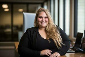 a woman in a business suit sitting at a desk generative ai photo
