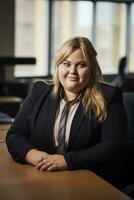 a woman in a business suit sitting at a desk generative ai photo