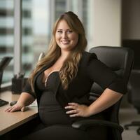 a woman in a business suit sitting at a desk generative ai photo