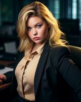 a woman in a business suit sitting at a desk generative ai photo