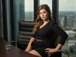 a woman in a business suit sitting at a desk generative ai photo