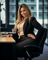 a woman in a business suit sitting at a desk generative ai photo