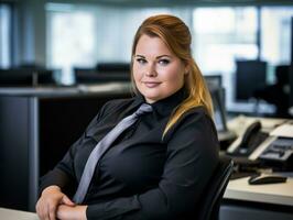 a woman in a business suit sitting at a desk generative ai photo