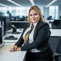 a woman in a business suit sitting at a desk generative ai photo