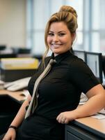 a woman in a business suit sitting at a desk generative ai photo