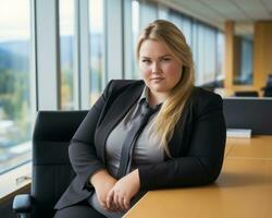 a woman in a business suit sitting at a desk generative ai photo