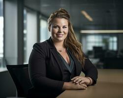 a woman in a business suit sitting at a table generative ai photo