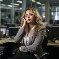 a woman in a business suit sitting in an office chair generative ai photo