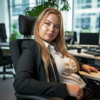 a woman in a business suit sitting in an office chair generative ai photo
