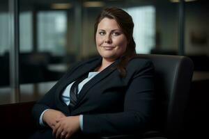 a woman in a business suit sitting in an office chair generative ai photo