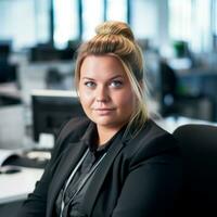 a woman in a business suit sitting in an office generative ai photo