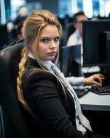 a woman in a business suit sitting in front of a computer generative ai photo