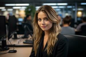 a woman in a business suit sitting in front of a computer generative ai photo