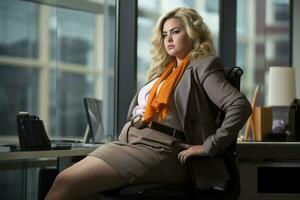 a woman in a business suit sitting on a chair in front of a window generative ai photo