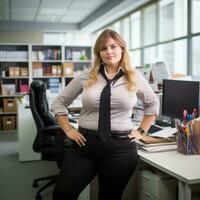 a woman in a business suit standing in front of a desk generative ai photo