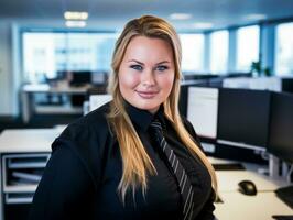 a woman in a business suit standing in front of a computer generative ai photo