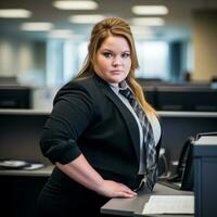 a woman in a business suit standing in front of a desk generative ai photo